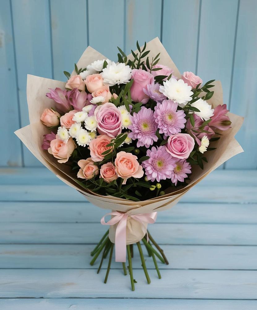 Букет цветов из: Хризантемы, Розы и Альстромерии в Левой Россоши