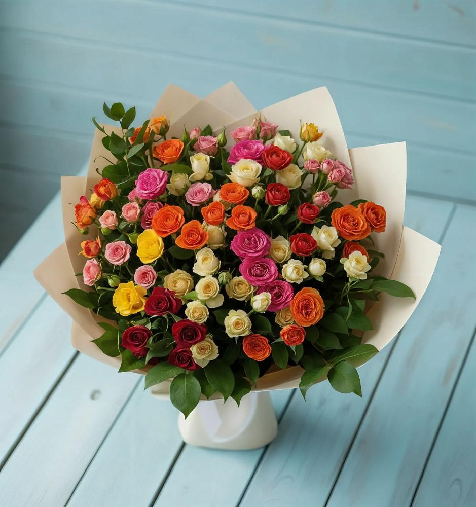 Букет Микс из разноцветных кустовых роз в Левой Россоши