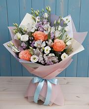 Букет цветов из:  Лизиантусы, Розы, Альстромерии и Гипсофила #REPLACE_PRED# Левой Россоши