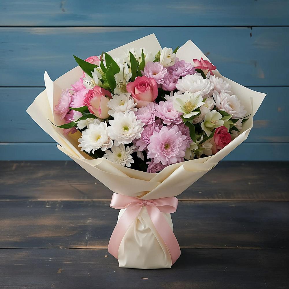 Букет цветов из: Хризантемы, Альстромерии и Розы в Левой Россоши